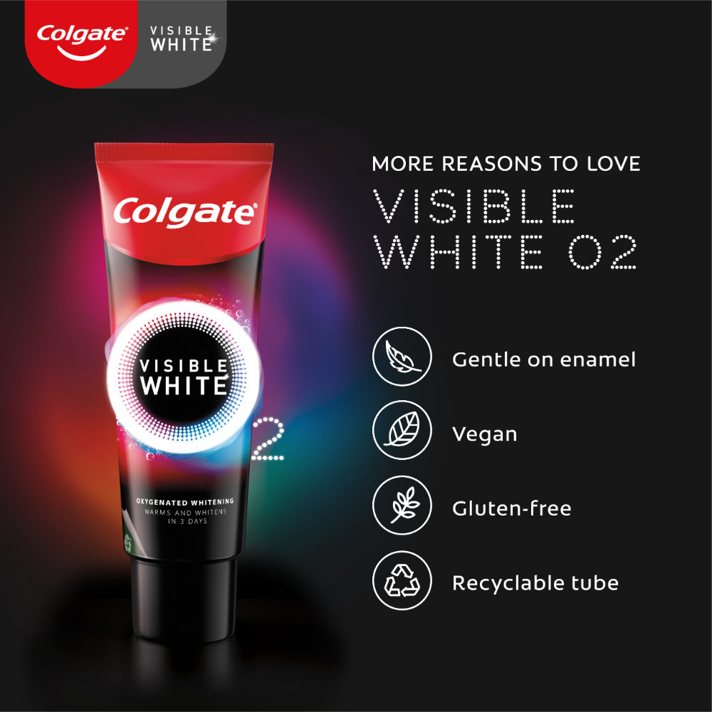 Colgate Visible White O2 Whitening Peppermint Sparkle Toothpaste, 50 gm, Pack of 1 Colgate Visible White O2 Whitening Peppermint Sparkle Toothpaste, 50 gm, Pack of 1