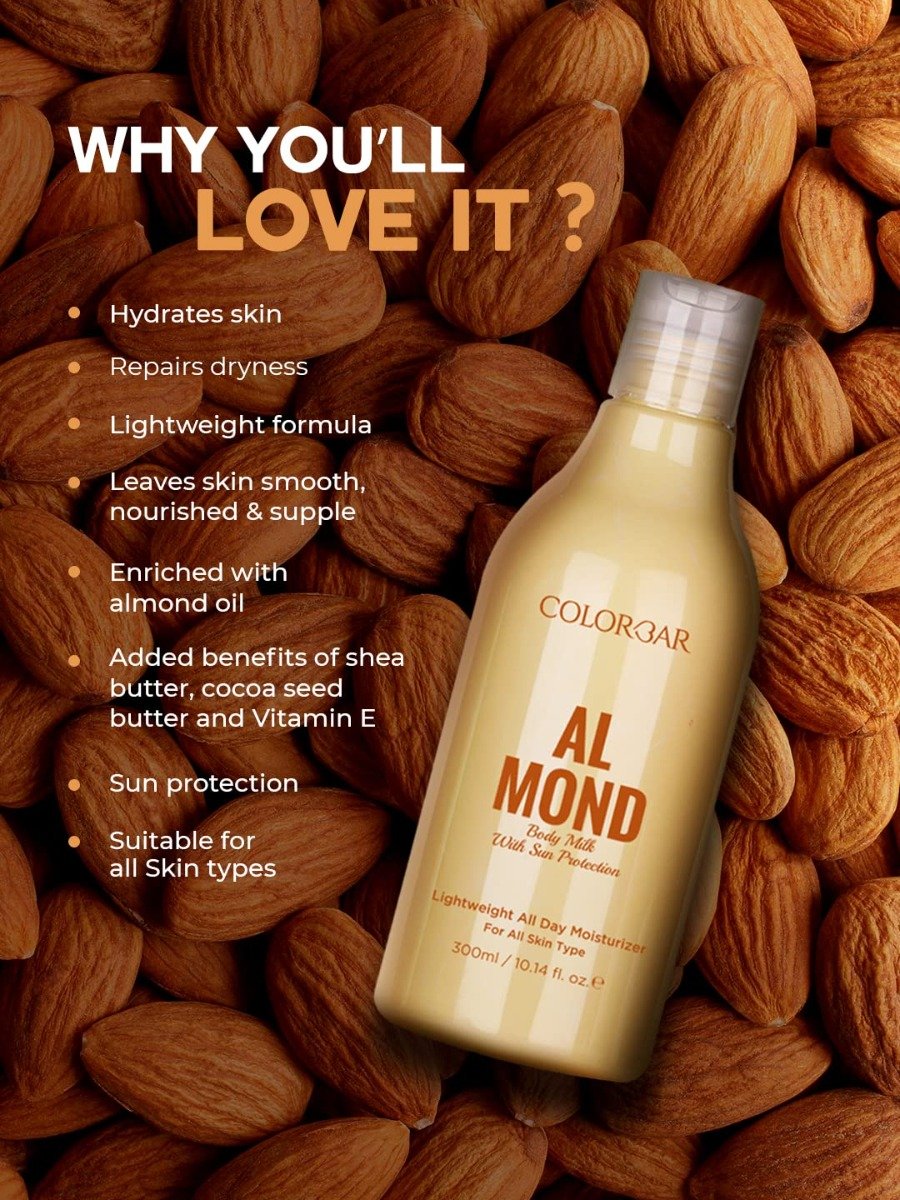 Colorbar Almond Body Milk 300 ml | Enriched With Avocado Oil | Sun Protection | All Day Moisturization | Deep Hydration | Lightweight | For All Skin Type, Pack of 1 Colorbar Almond Body Milk 300 ml | Enriched With Avocado Oil | Sun Protection | All Day Moisturization | Deep Hydration | Lightweight | For All Skin Type, Pack of 1