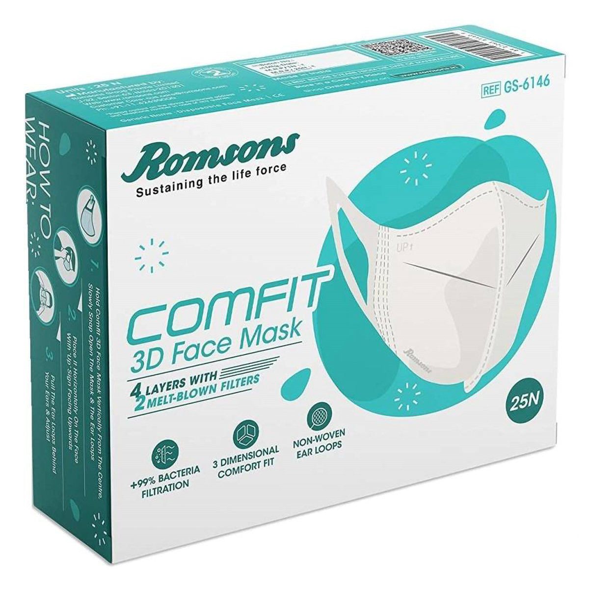 Romsons Comfit 3D 4 Layer Face Mask, 25 Count, Pack of 25 Romsons Comfit 3D 4 Layer Face Mask, 25 Count, Pack of 25
