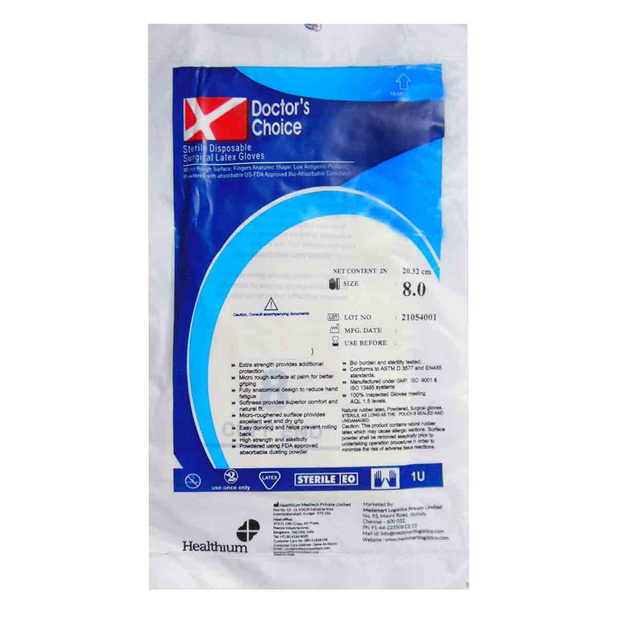 Doctor's Choice Sterile Disposable Surgical Latex Gloves Size-8.0, 1 Pair, Pack of 1 Doctor's Choice Sterile Disposable Surgical Latex Gloves Size-8.0, 1 Pair, Pack of 1