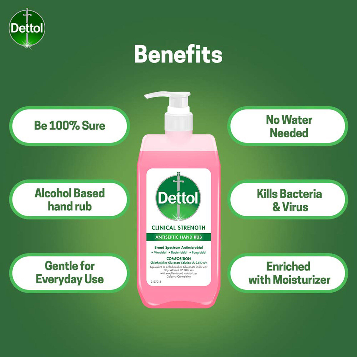 Dettol Antiseptic Hand Rub 500 ml | Broad Spectrum Antimicrobial | Kills 99.9% Germs, Pack of 1 Dettol Antiseptic Hand Rub 500 ml | Broad Spectrum Antimicrobial | Kills 99.9% Germs, Pack of 1