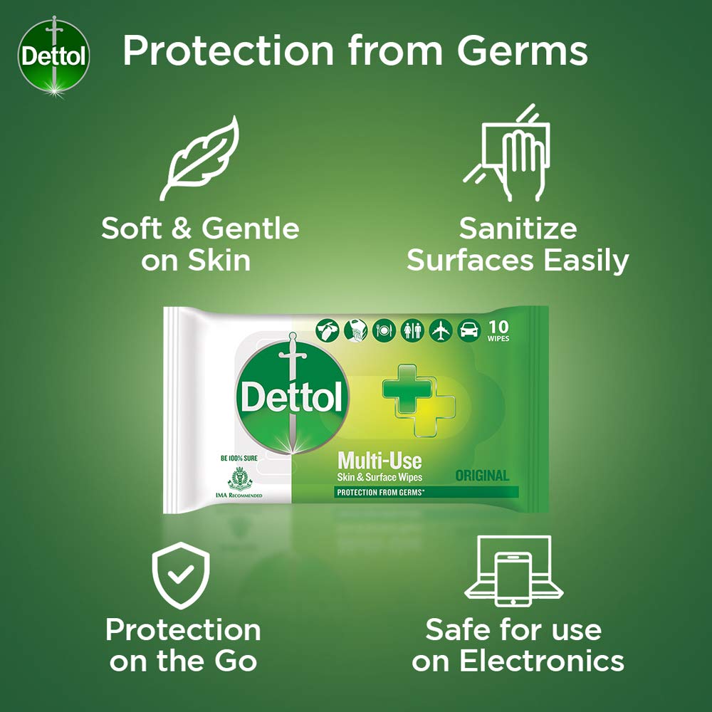 Dettol Original Multi-Use Skin & Surface Wipes, 10 Count, Pack of 1 Dettol Original Multi-Use Skin & Surface Wipes, 10 Count, Pack of 1