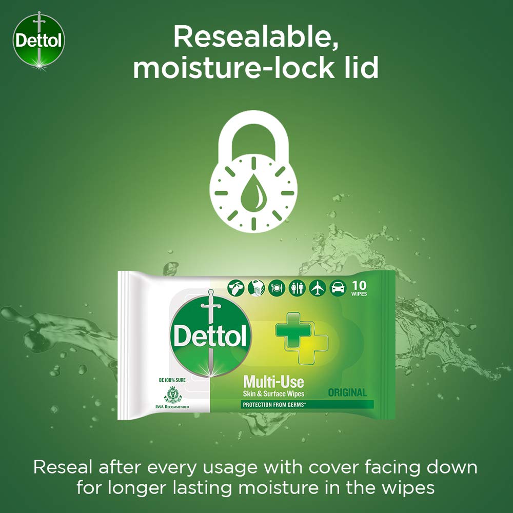 Dettol Original Multi-Use Skin & Surface Wipes, 10 Count, Pack of 1 Dettol Original Multi-Use Skin & Surface Wipes, 10 Count, Pack of 1