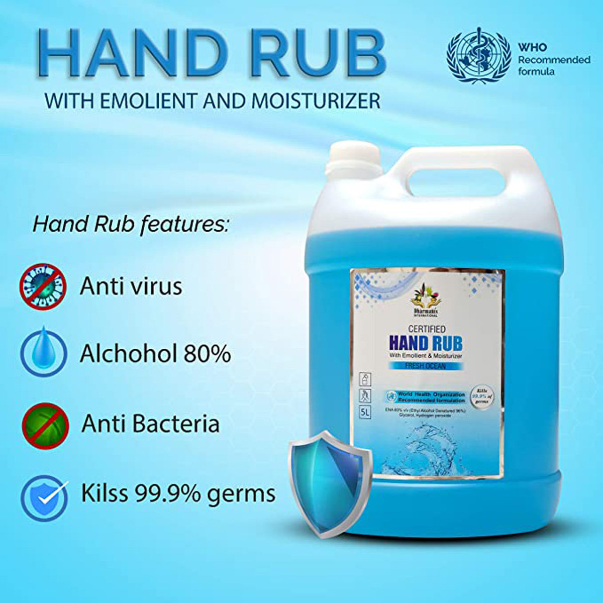 Dharmani Hand Rub Hand Sanitizer 5 Litre | With Emollients & Moisturisers | Kills 99.9% Germs, Pack of 1 Dharmani Hand Rub Hand Sanitizer 5 Litre | With Emollients & Moisturisers | Kills 99.9% Germs, Pack of 1