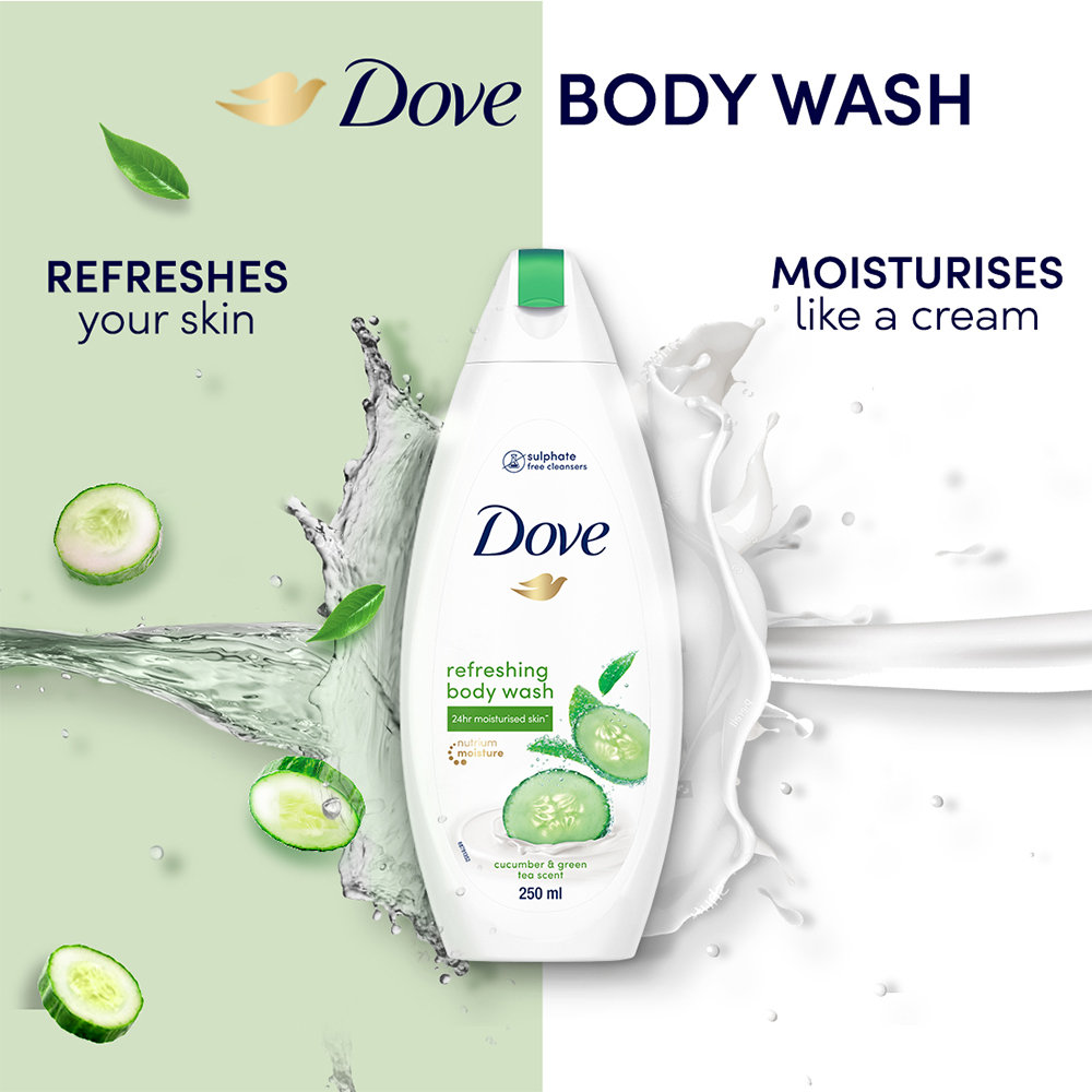 Dove Refreshing Body Wash 250 ml | With Refreshing Cucumber And Green Tea Scent | 100% Plant-Based Moisturisers | Refreshes & Revitalizes | Keep Skin Moiturised For 24hr | Nutrium Moisture | With 100% Gentle Cleansers, Pack of 1 Dove Refreshing Body Wash 250 ml | With Refreshing Cucumber And Green Tea Scent | 100% Plant-Based Moisturisers | Refreshes & Revitalizes | Keep Skin Moiturised For 24hr | Nutrium Moisture | With 100% Gentle Cleansers, Pack of 1