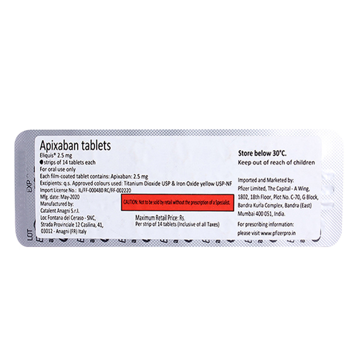 Eliquis 2.5 Tablet 14's, Pack of 14 TABLETS Eliquis 2.5 Tablet 14's, Pack of 14 TABLETS