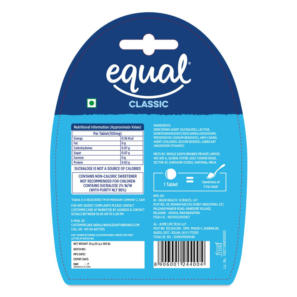 Equal Classic Zero Calorie Sweetener, 100 Tablets, Pack of 1 Equal Classic Zero Calorie Sweetener, 100 Tablets, Pack of 1