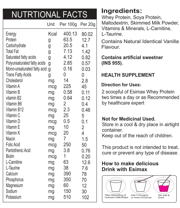 Esimax Whey Protein S/F Vanilla Flav Powder 400Gm, Pack of 1 Powder Esimax Whey Protein S/F Vanilla Flav Powder 400Gm, Pack of 1 Powder