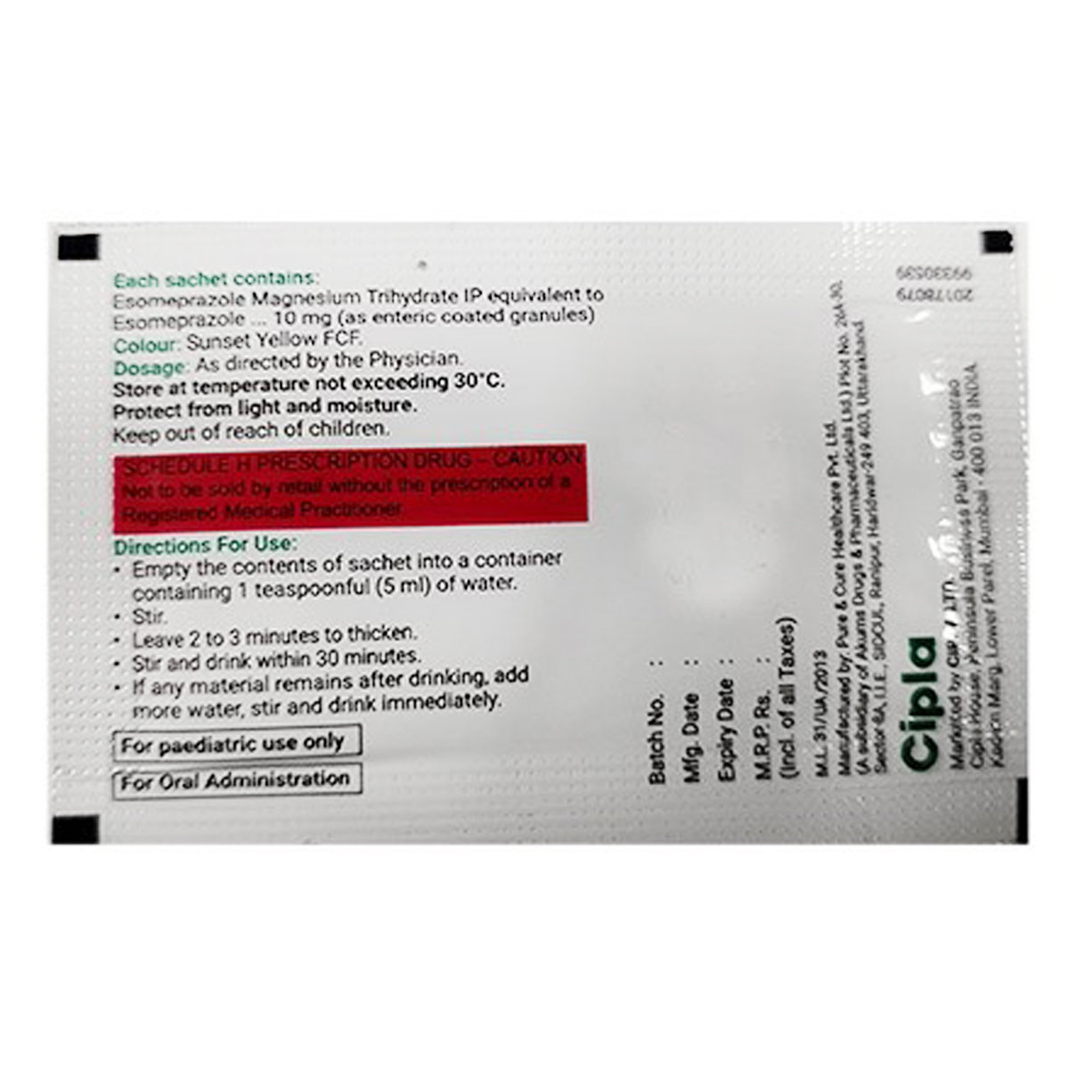 Esomac 10 mg Granules 1 gm, Pack of 1 Granules Esomac 10 mg Granules 1 gm, Pack of 1 Granules