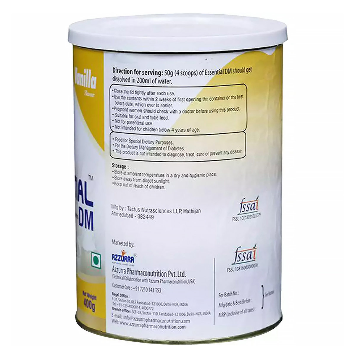 Azzurra Essential DM Vanilla Flavour Nutrition Powder for Diabetics, 400 gm Tin, Pack of 1 Azzurra Essential DM Vanilla Flavour Nutrition Powder for Diabetics, 400 gm Tin, Pack of 1