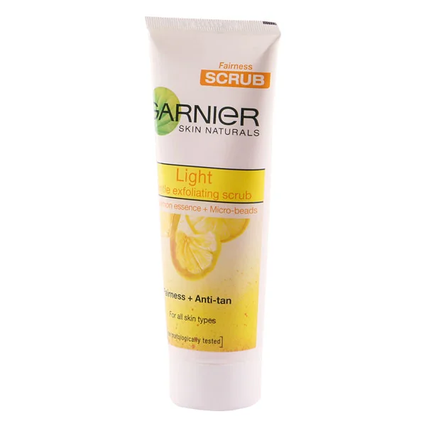 Garnier Skin Naturals Light Gentle Exfoliating Scrub 100 gm | Lemon Essence &amp; Micro Beads | Removes Tan | For Skin Fairness | For All Skin Type, Pack of 1