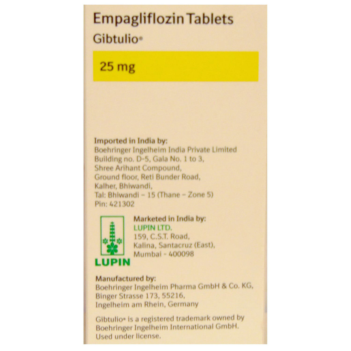 Gibtulio 25 mg Tablet 10's, Pack of 10 TABLETS Gibtulio 25 mg Tablet 10's, Pack of 10 TABLETS