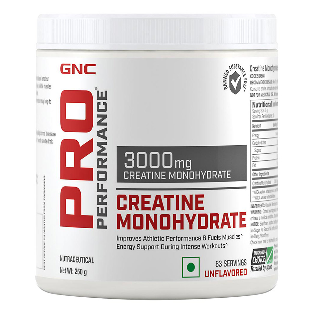 GNC PRO Performance Creatine Monohydrate 3000 mg Unflavored Powder, 250 gm, Pack of 1 GNC PRO Performance Creatine Monohydrate 3000 mg Unflavored Powder, 250 gm, Pack of 1