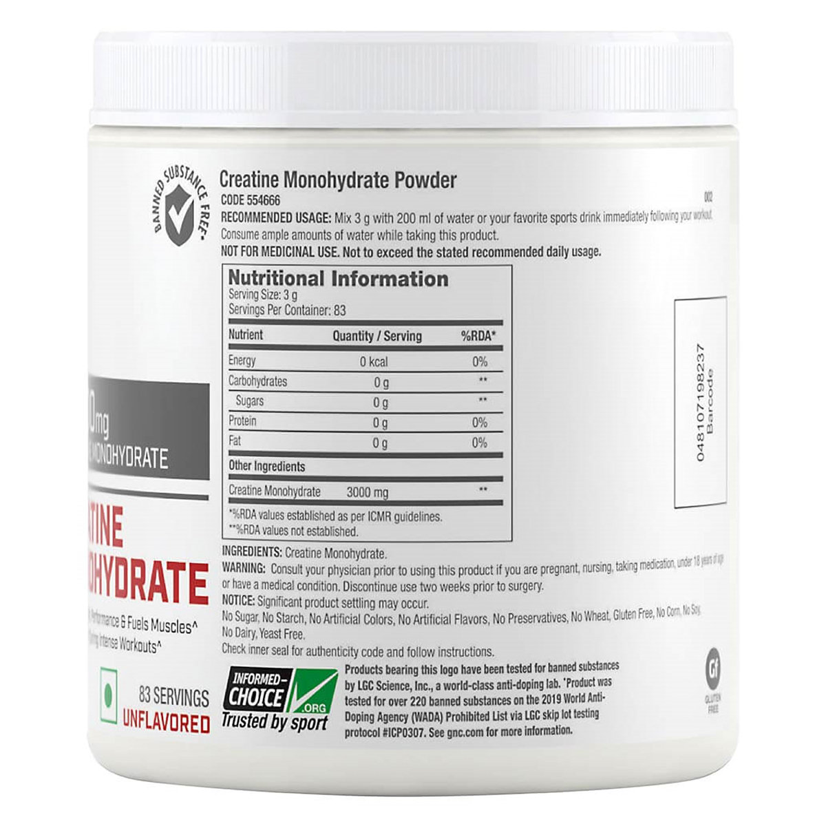 GNC PRO Performance Creatine Monohydrate 3000 mg Unflavored Powder, 250 gm, Pack of 1 GNC PRO Performance Creatine Monohydrate 3000 mg Unflavored Powder, 250 gm, Pack of 1