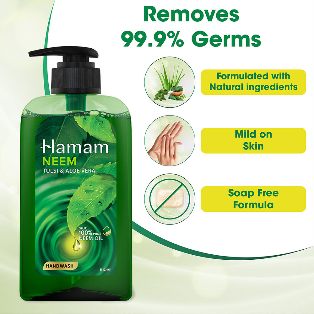 Hamam Neem Tulsi & Aloe Vera Handwash 190 ml | 100 % Pure Neem Oil | Removes Impurities | Keep Hand Clean, Pack of 1 Hamam Neem Tulsi & Aloe Vera Handwash 190 ml | 100 % Pure Neem Oil | Removes Impurities | Keep Hand Clean, Pack of 1
