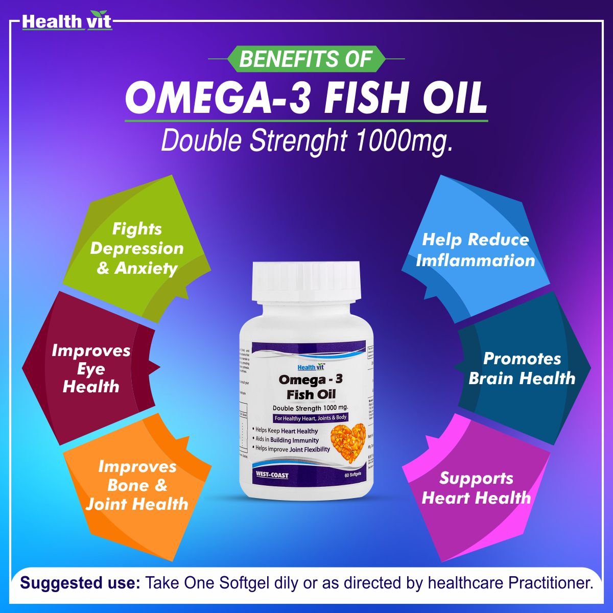 Healthvit Omega-3 Fish Oil 1000 mg, 60 Softgels, Pack of 1 Healthvit Omega-3 Fish Oil 1000 mg, 60 Softgels, Pack of 1