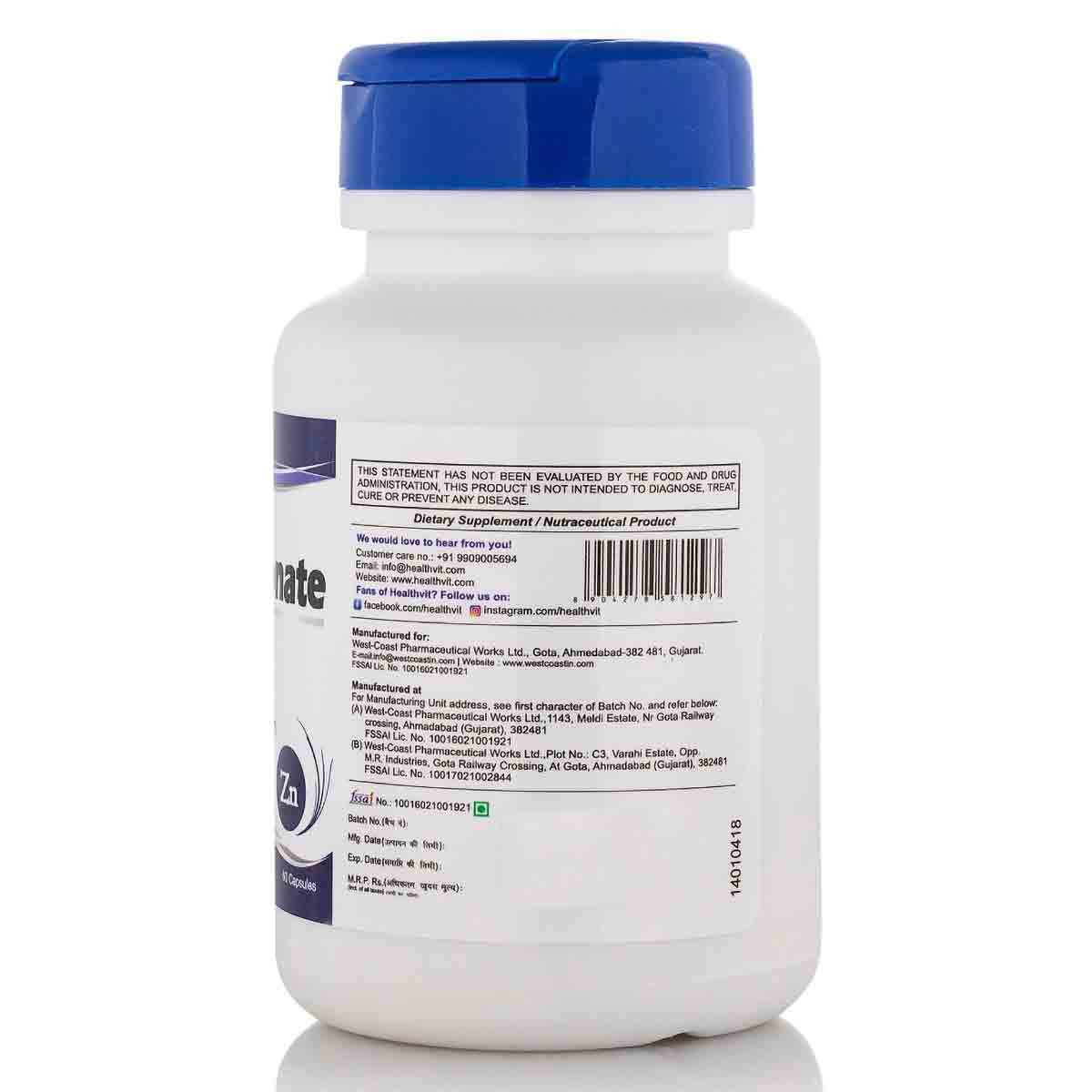 Healthvit Zinc Gluconate 50 mg, 60 Capsules, Pack of 1 Healthvit Zinc Gluconate 50 mg, 60 Capsules, Pack of 1