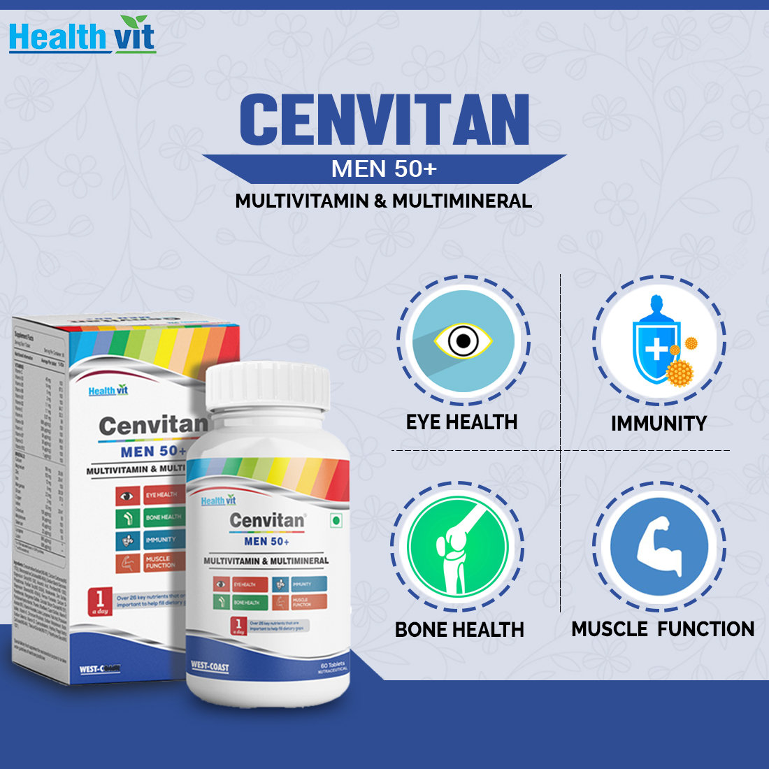Healthvit Cenvitan Men 50+ Multivitamins & Multimineral, 60 Tablets, Pack of 1 Healthvit Cenvitan Men 50+ Multivitamins & Multimineral, 60 Tablets, Pack of 1