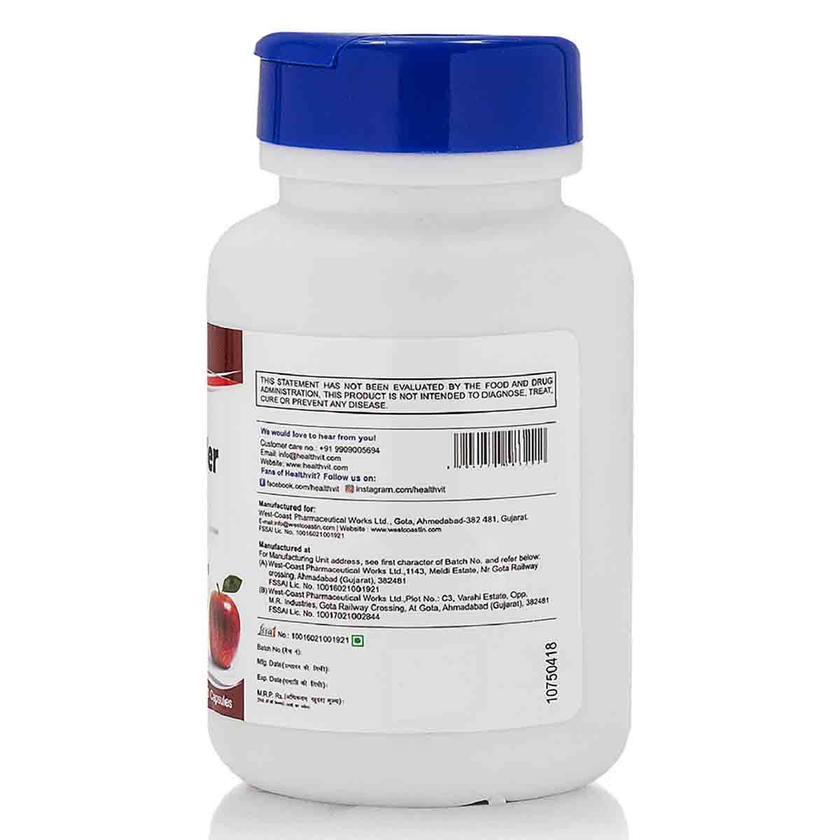 Healthvit Apple Cider Vinegar 500 mg, 60 Capsules, Pack of 1 Healthvit Apple Cider Vinegar 500 mg, 60 Capsules, Pack of 1