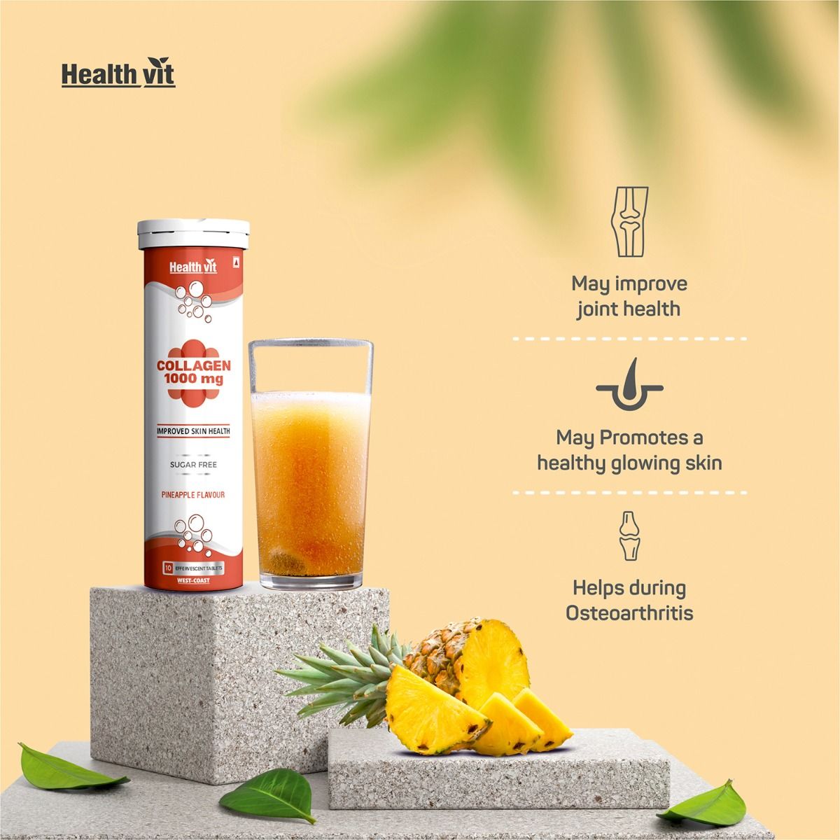 Healthvit Collagen 1000 mg Sugar Free Pineapple Flavour Effervescent, 10 Tablets, Pack of 1 Healthvit Collagen 1000 mg Sugar Free Pineapple Flavour Effervescent, 10 Tablets, Pack of 1