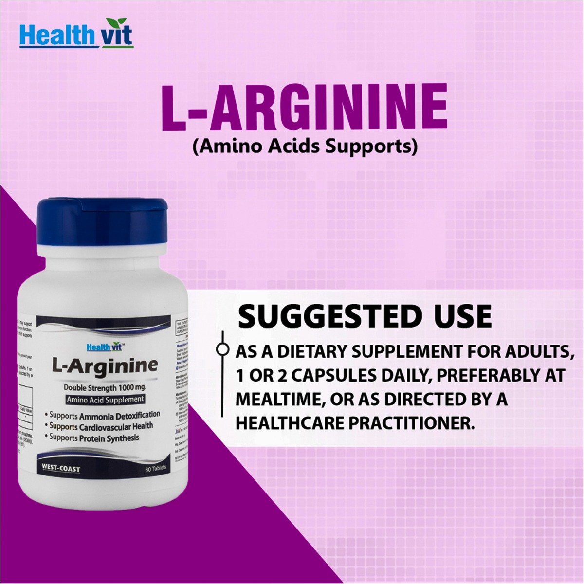 Healthvit L-Arginine 1000 mg Amino Acid Supplement, 60 Tablets, Pack of 1 Healthvit L-Arginine 1000 mg Amino Acid Supplement, 60 Tablets, Pack of 1