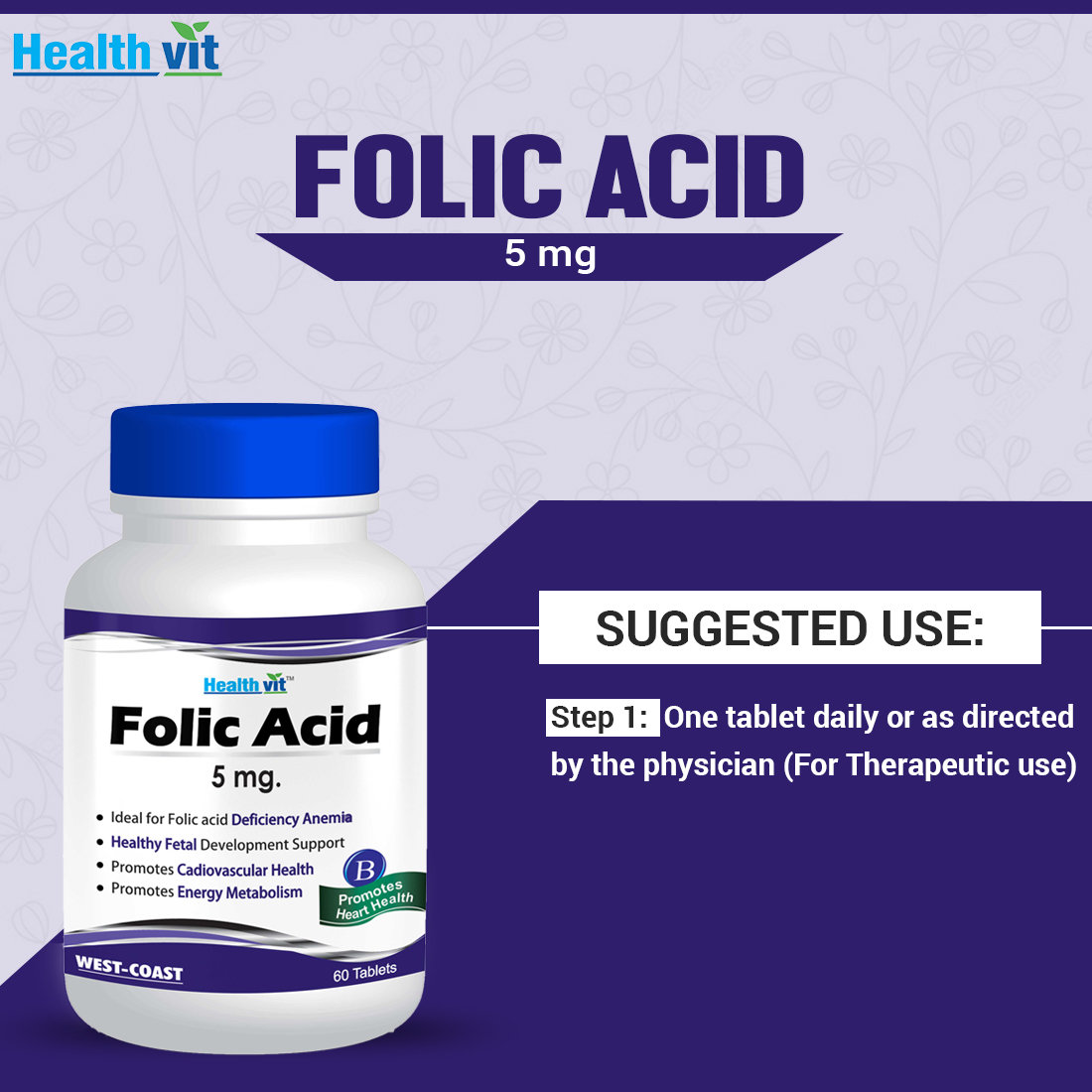Healthvit Folic Acid 5 mg, 60 Tablets, Pack of 1 Healthvit Folic Acid 5 mg, 60 Tablets, Pack of 1