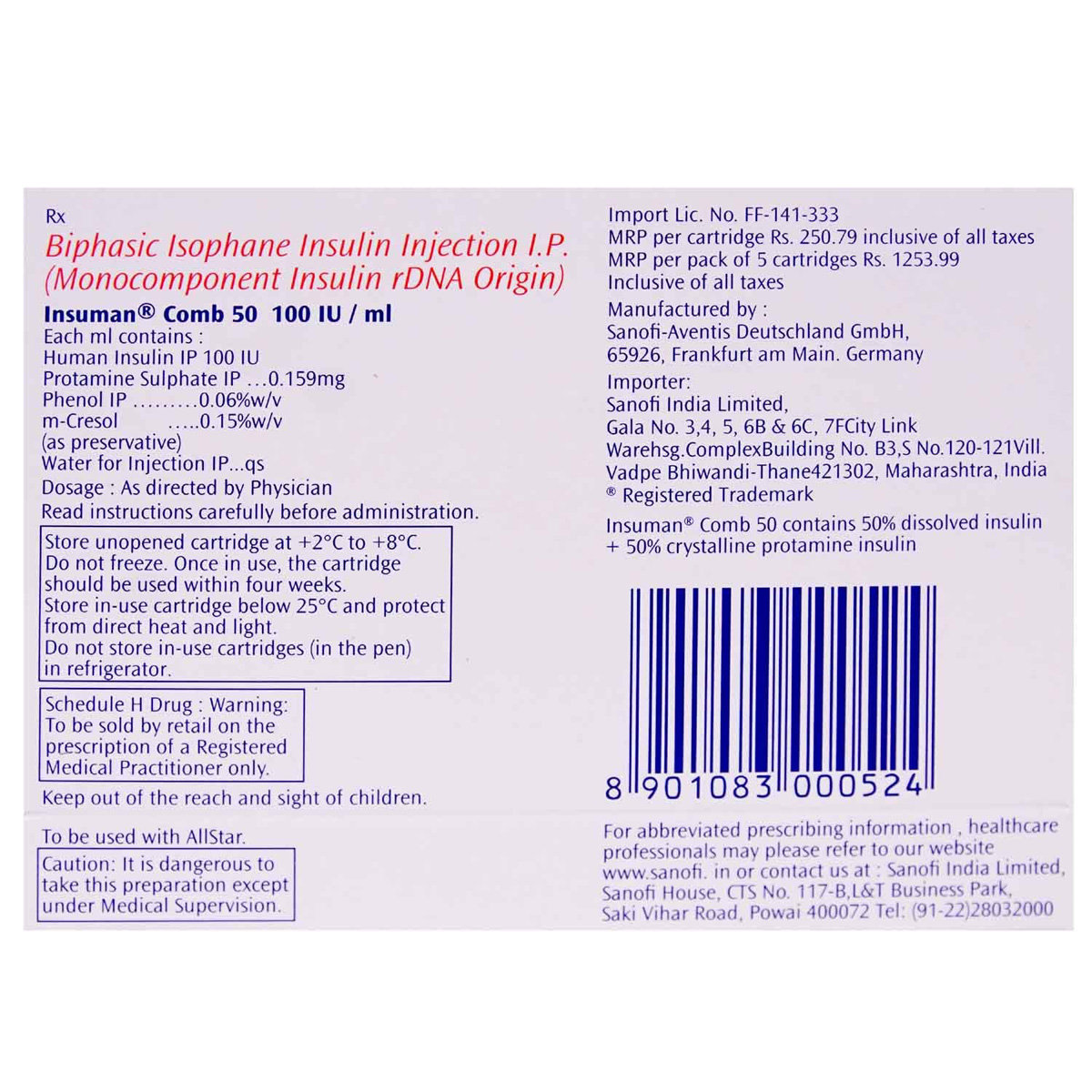 Insuman Comb 50 100IU/ml Cartridges 5x3 ml, Pack of 5 INJECTIONS Insuman Comb 50 100IU/ml Cartridges 5x3 ml, Pack of 5 INJECTIONS