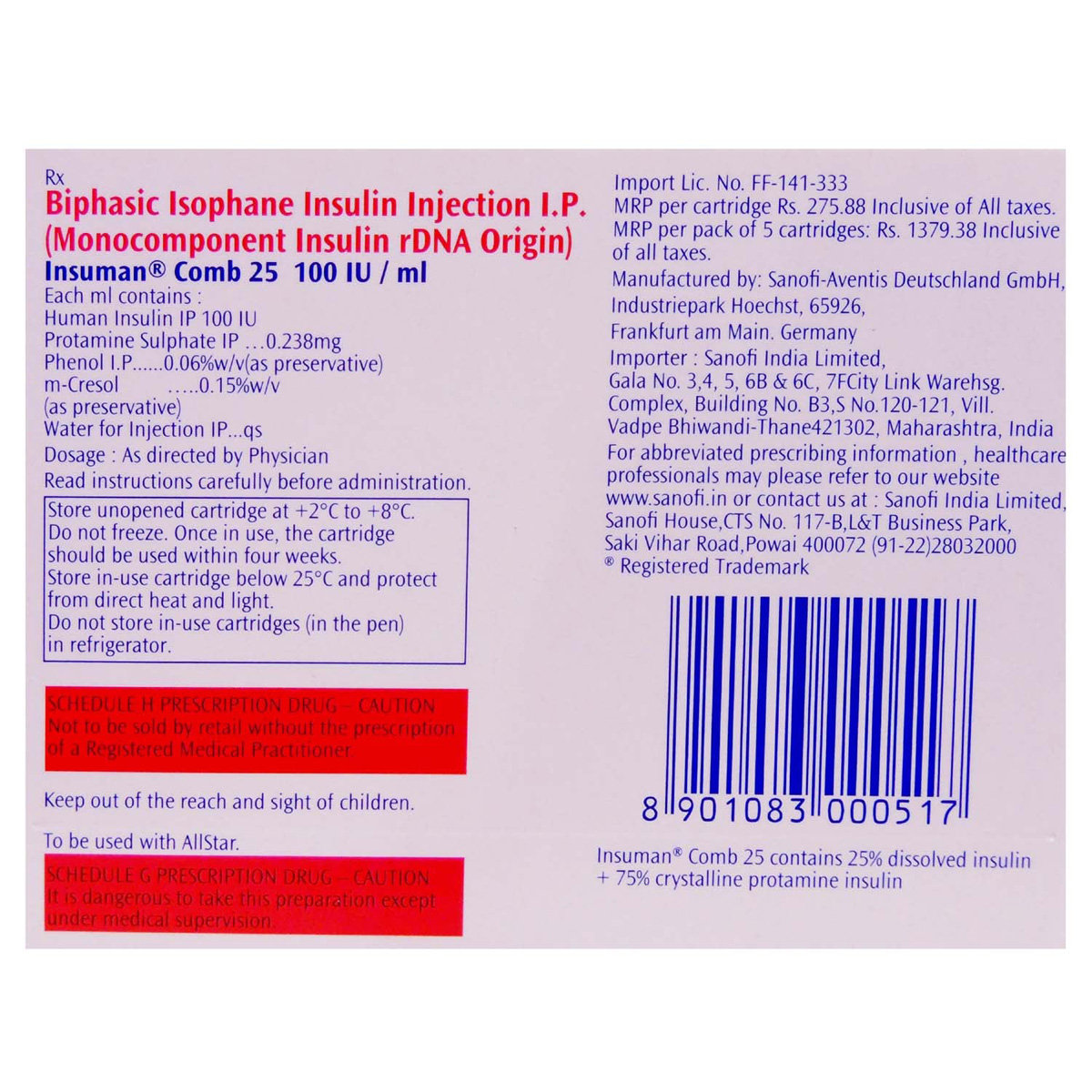 Insuman Comb 25 Injection 3 ml, Pack of 1 Injection Insuman Comb 25 Injection 3 ml, Pack of 1 Injection