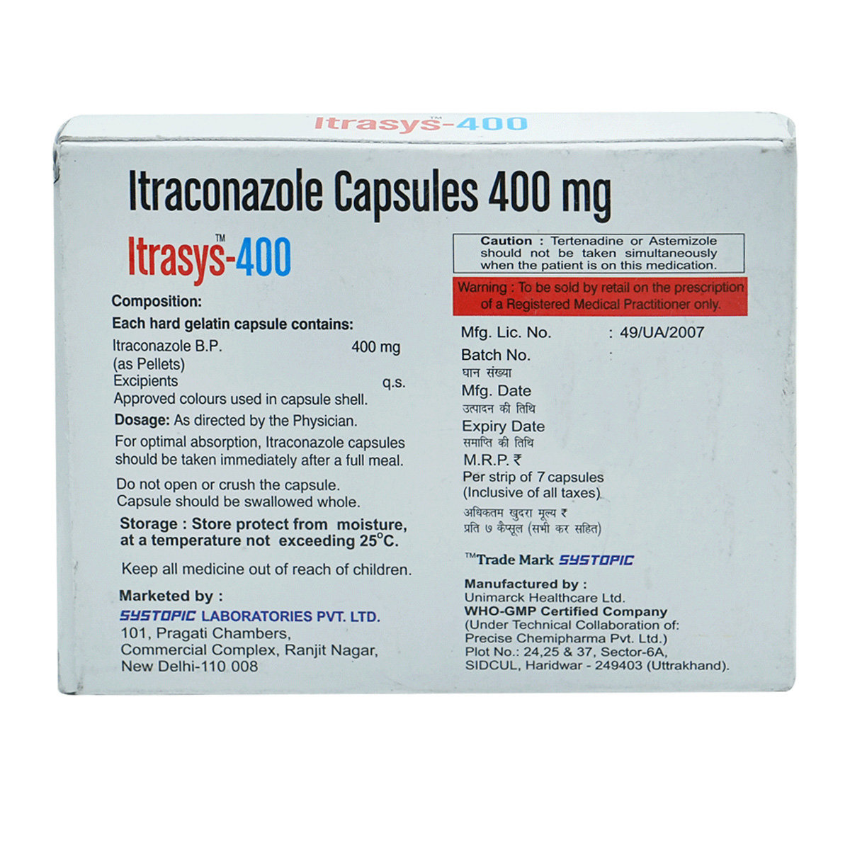 Itrasys-400 Capsule 7's, Pack of 7 CAPSULES Itrasys-400 Capsule 7's, Pack of 7 CAPSULES