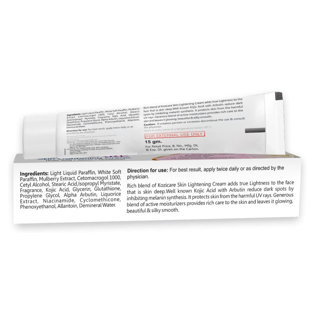 Kozicare Skin Lightening Cream 15 gm | Kojic Acid, Arbutin & Glutathione | Moisturises Skin | Removes Spots | Sun Protection | Gives Glowing & Youthful Skin | For All Type Of Hyperpigmented Skin, Pack of 1 Kozicare Skin Lightening Cream 15 gm | Kojic Acid, Arbutin & Glutathione | Moisturises Skin | Removes Spots | Sun Protection | Gives Glowing & Youthful Skin | For All Type Of Hyperpigmented Skin, Pack of 1