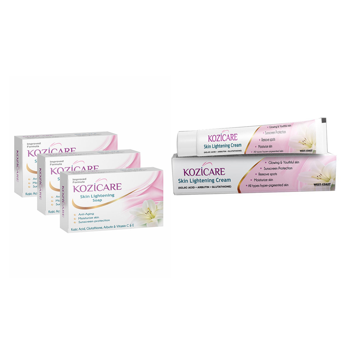 Kozicare Skin Lightening Kit 1 Kit (Soap & Cream) | Moisturises Skin | Removes Spots | Sun Protection | Gives Glowing & Youthful Skin | For All Type Of Hyperpigmented Skin, Pack of 1 Kozicare Skin Lightening Kit 1 Kit (Soap & Cream) | Moisturises Skin | Removes Spots | Sun Protection | Gives Glowing & Youthful Skin | For All Type Of Hyperpigmented Skin, Pack of 1
