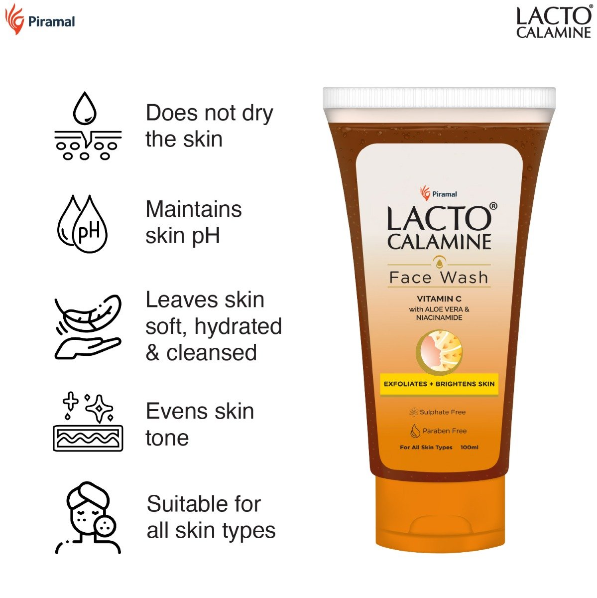Lacto Calamine Vitamin-C Face Wash 100 ml | Vitamin C, Aloe Vera & Niacinamide | Exfoliates & Hydrates Skin | For Brighter & Glowing Skin | For All Skin Type, Pack of 1 Lacto Calamine Vitamin-C Face Wash 100 ml | Vitamin C, Aloe Vera & Niacinamide | Exfoliates & Hydrates Skin | For Brighter & Glowing Skin | For All Skin Type, Pack of 1