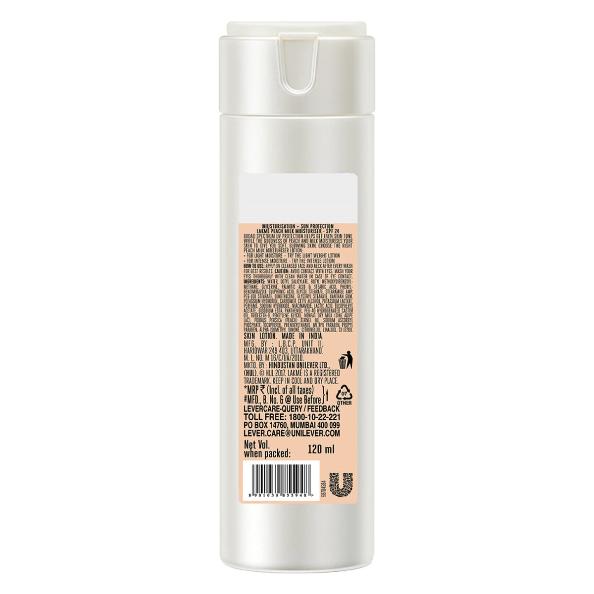 Lakme Peach Milk SPF 24 Moisturiser Cream, 120 ml, Pack of 1 Lakme Peach Milk SPF 24 Moisturiser Cream, 120 ml, Pack of 1