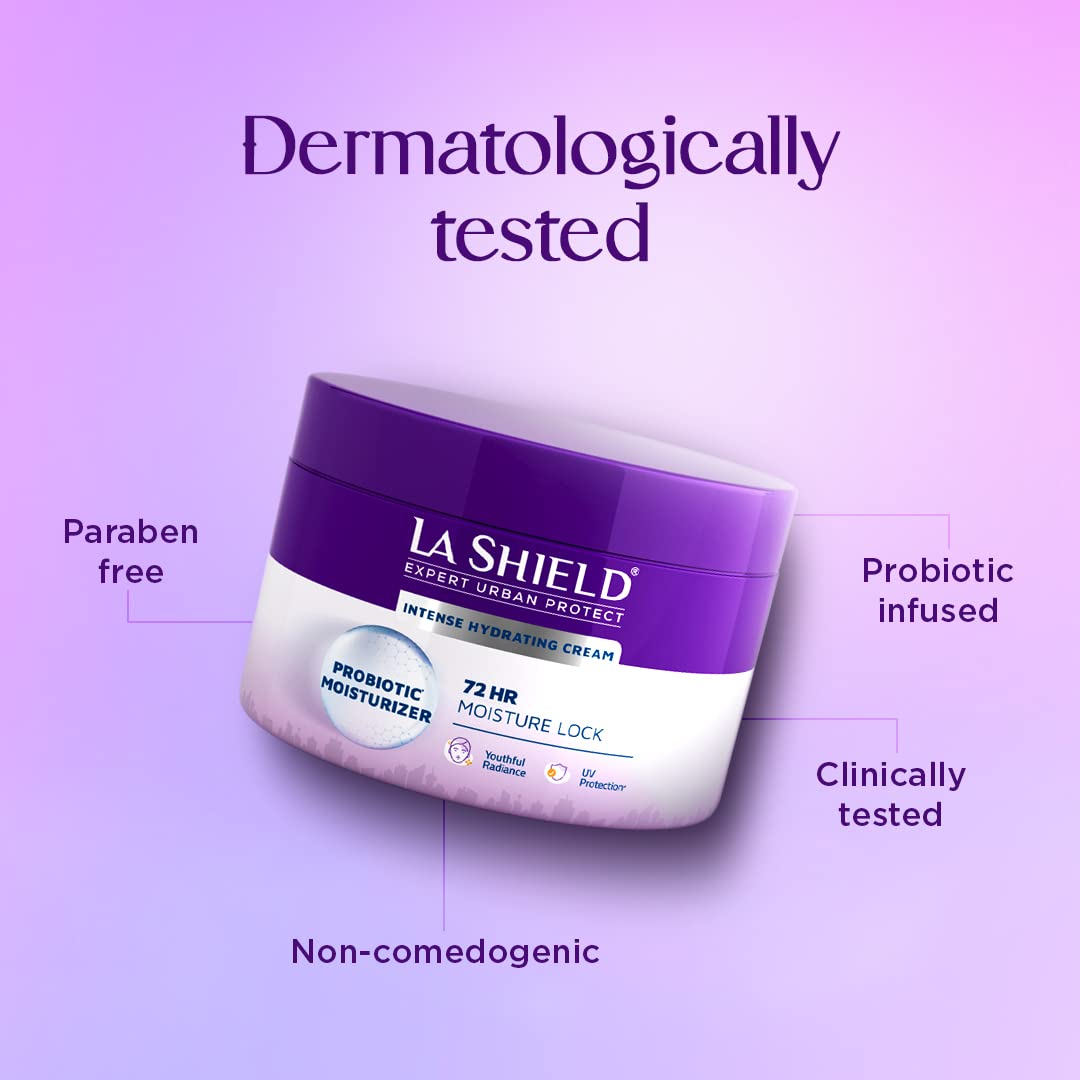 La Shield Probiotic Moisturizer Intense Hydrating Cream 100 gm | Restores Skin Microbiome | 72Hrs Moisture Lock | Provides UV Protection | Youthful Radiance | For All Skin Type, Pack of 1 La Shield Probiotic Moisturizer Intense Hydrating Cream 100 gm | Restores Skin Microbiome | 72Hrs Moisture Lock | Provides UV Protection | Youthful Radiance | For All Skin Type, Pack of 1
