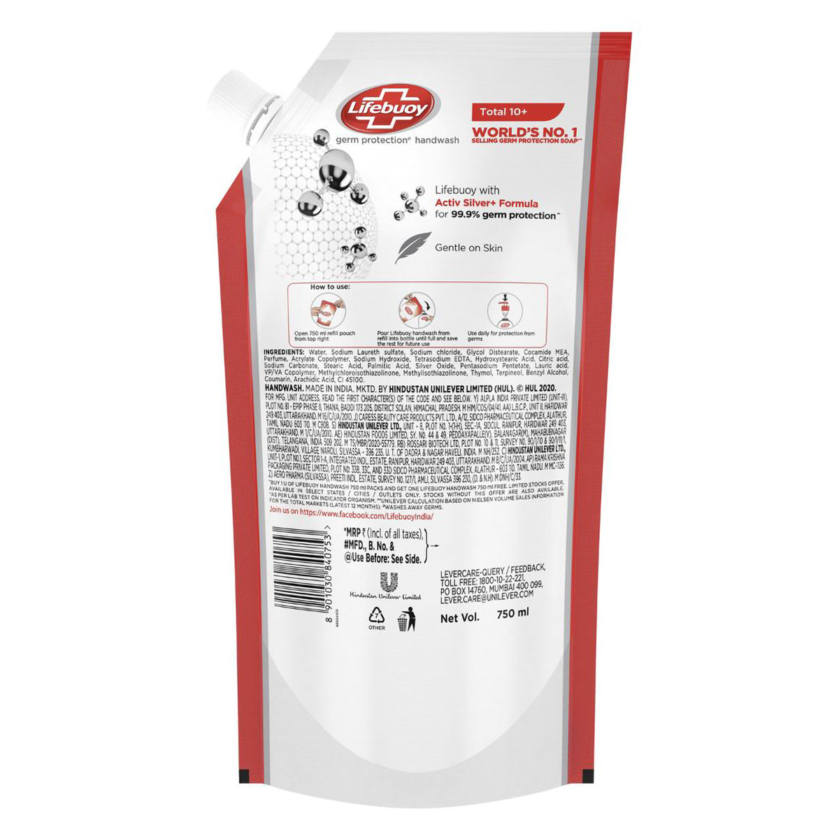 Lifebuoy Total 10+ Germ Protection Handwash, 1500 ml Refill Pack (2 x 750 ml), Pack of 1 Lifebuoy Total 10+ Germ Protection Handwash, 1500 ml Refill Pack (2 x 750 ml), Pack of 1