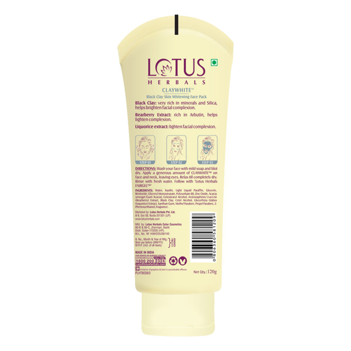 Lotus Herbals Claywhite Black Clay Skin Whitening Face Pack 120 gm | Black Clay, Liquorice Extract, Bearberry Extract | Lightnes, Brightens Skin Complexion | For All Skin Type, Pack of 1 Lotus Herbals Claywhite Black Clay Skin Whitening Face Pack 120 gm | Black Clay, Liquorice Extract, Bearberry Extract | Lightnes, Brightens Skin Complexion | For All Skin Type, Pack of 1