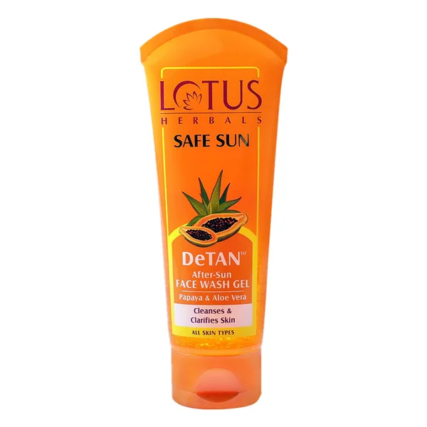 Lotus Herbals Safe Sun DeTan After-Sun Face Wash Gel 100 gm | Papaya &amp; Aloe Vera | Cleanses &amp; Clarifies Skin | Reduces Suntan | For All Skin Type, Pack of 1