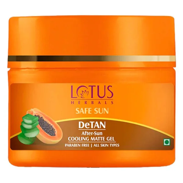 Lotus Herbals Safe Sun DeTan After-Sun Cooling Matte Gel 100 gm | Aloevera &amp; Papaya | Removes Suntan | Hydrates Skin | Non Sticky | For All Skin Type, Pack of 1