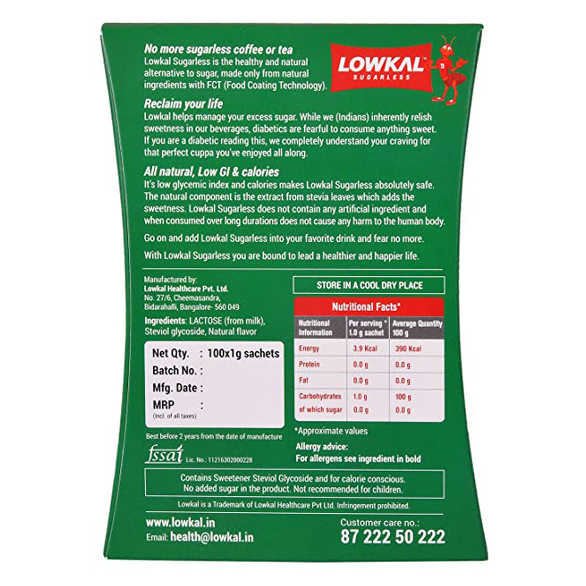 Lowkal Natural Sugar Free From Stevia, 100 gm (100 sachets x 1 gm), Pack of 1 Lowkal Natural Sugar Free From Stevia, 100 gm (100 sachets x 1 gm), Pack of 1