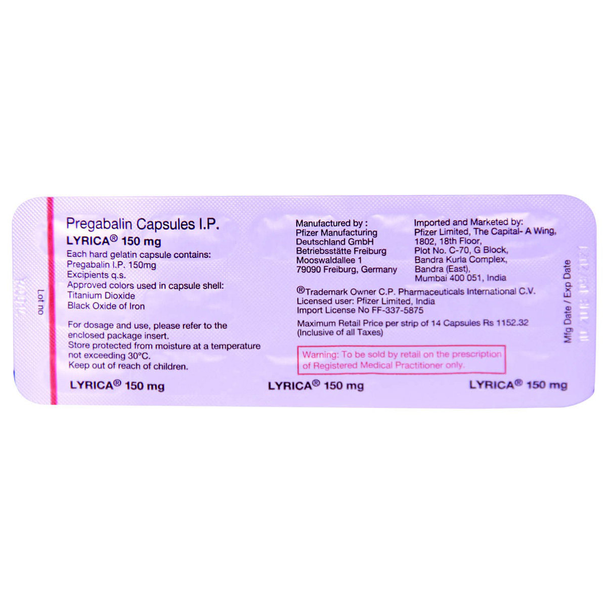 Lyrica 150 mg Capsule 14's, Pack of 14 CAPSULES Lyrica 150 mg Capsule 14's, Pack of 14 CAPSULES