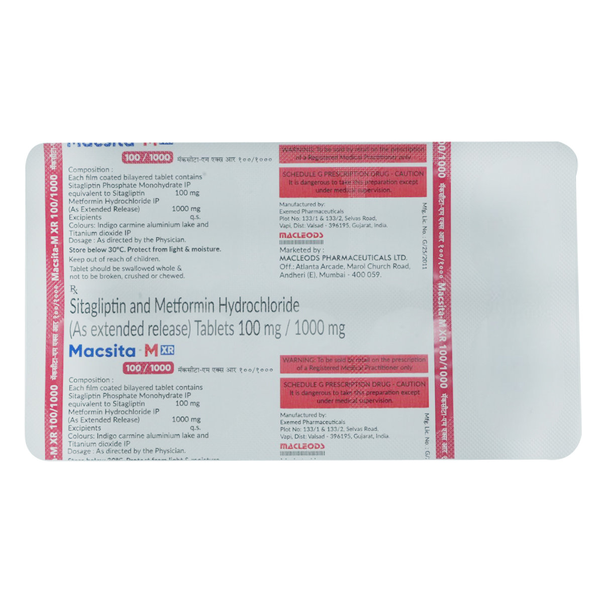 Macsita-M XR 100 mg/1000 mg Tablet 10's, Pack of 10 TabletS Macsita-M XR 100 mg/1000 mg Tablet 10's, Pack of 10 TabletS
