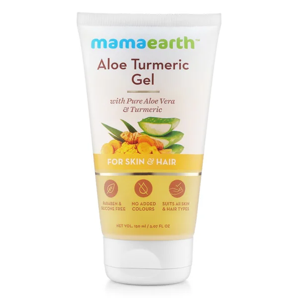 Mamaearth Aloe Turmeric Gel 150 ml | With Pure Aloe Vera &amp; Turmeric | For Skin &amp; Hair Care | Hydrates Skin &amp; Hair | Soothes Acne &amp; Dry Scalp | For All Skin &amp; Hair Type, Pack of 1