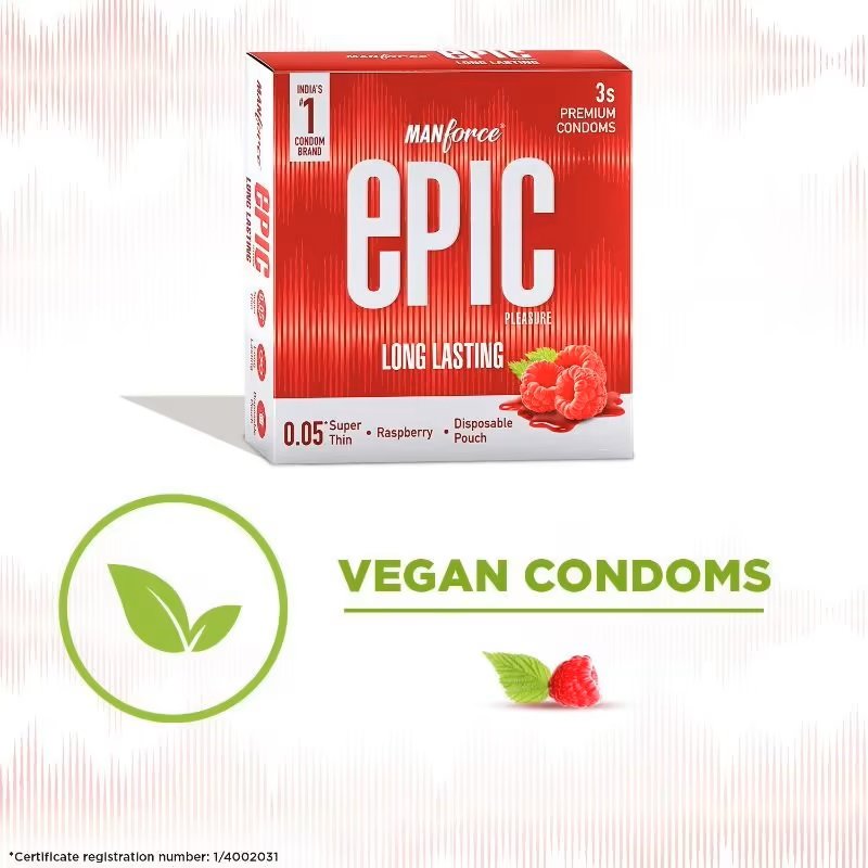 Manforce Epic Pleasure Long Lasting Super Thin Raspberry Flavour Condoms, 3 Count, Pack of 1 Manforce Epic Pleasure Long Lasting Super Thin Raspberry Flavour Condoms, 3 Count, Pack of 1