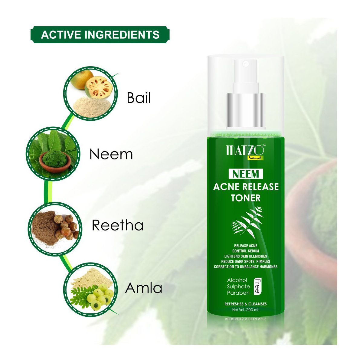 Matzo Neem Acne Release Toner 200 ml | Cleanses & Refreshes | Controls Excess Oil | Reduces Dark Spots, Pimples & Blemishes | 100% Natural | For Men & Women, Pack of 1 Matzo Neem Acne Release Toner 200 ml | Cleanses & Refreshes | Controls Excess Oil | Reduces Dark Spots, Pimples & Blemishes | 100% Natural | For Men & Women, Pack of 1