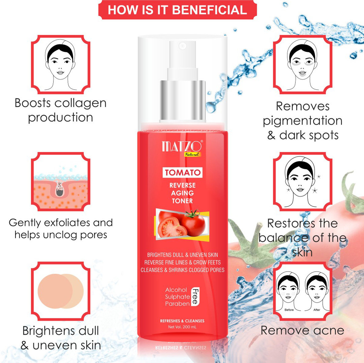 Matzo Tomato Reverse Aging Toner 200 ml | Cleanses & Refreshes | Brightens Dull & Uneven Skin Tone | Reverse Finelines & Wrinkles | 100% Natural | For Men & Women, Pack of 1 Matzo Tomato Reverse Aging Toner 200 ml | Cleanses & Refreshes | Brightens Dull & Uneven Skin Tone | Reverse Finelines & Wrinkles | 100% Natural | For Men & Women, Pack of 1