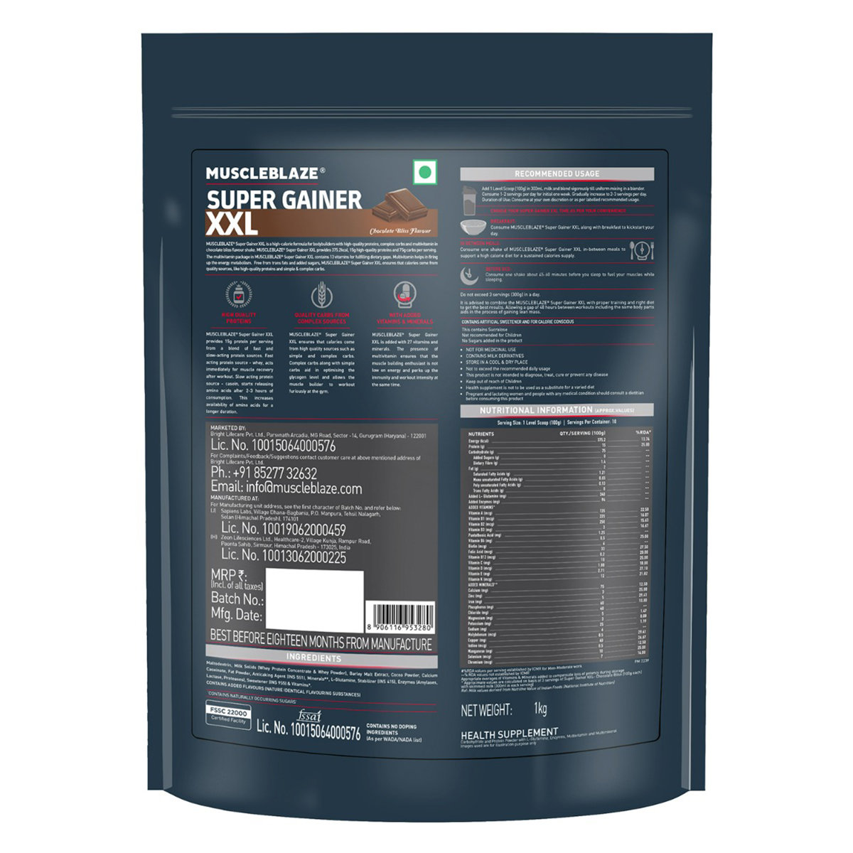 MuscleBlaze Super Gainer XXL Chocolate Bliss Flavour Powder, 1 kg, Pack of 1 MuscleBlaze Super Gainer XXL Chocolate Bliss Flavour Powder, 1 kg, Pack of 1