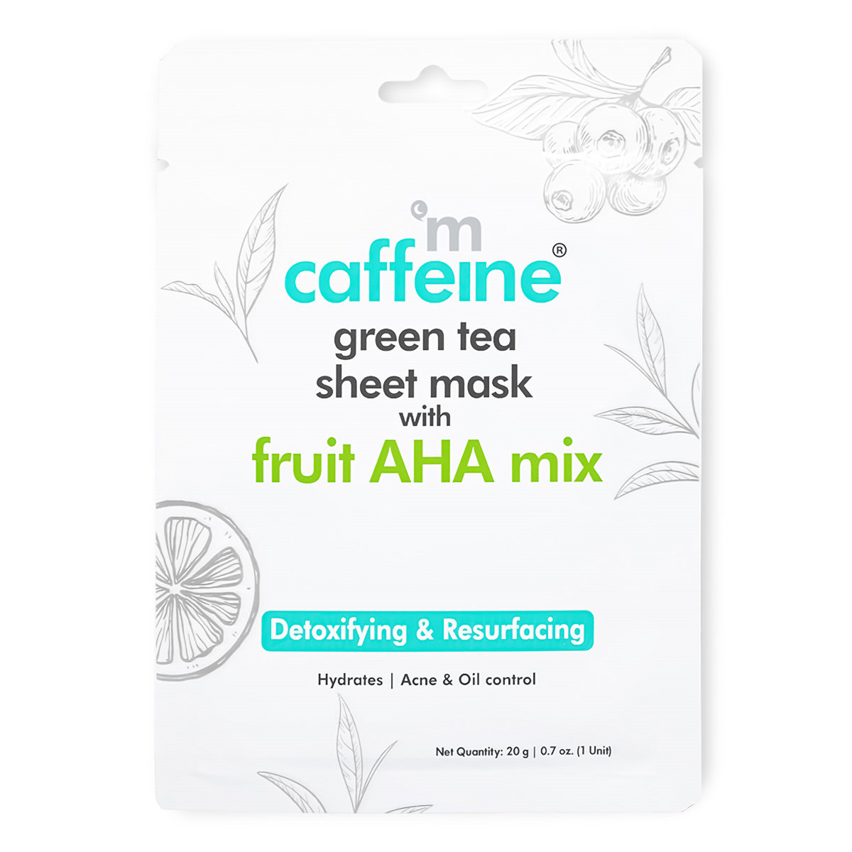 Mcaffeine Green Tea Sheet Mask with Fruit AHA Mix 20 gm | Green Tea Extract, Hyaluronic Acid, Aloe Vera Extract & Caffiene | For Detoxifying & Resurfacing | Acne & Oil Control | 24hrs Of Hydration | Natural | For All Skin Type, Pack of 1 Mcaffeine Green Tea Sheet Mask with Fruit AHA Mix 20 gm | Green Tea Extract, Hyaluronic Acid, Aloe Vera Extract & Caffiene | For Detoxifying & Resurfacing | Acne & Oil Control | 24hrs Of Hydration | Natural | For All Skin Type, Pack of 1