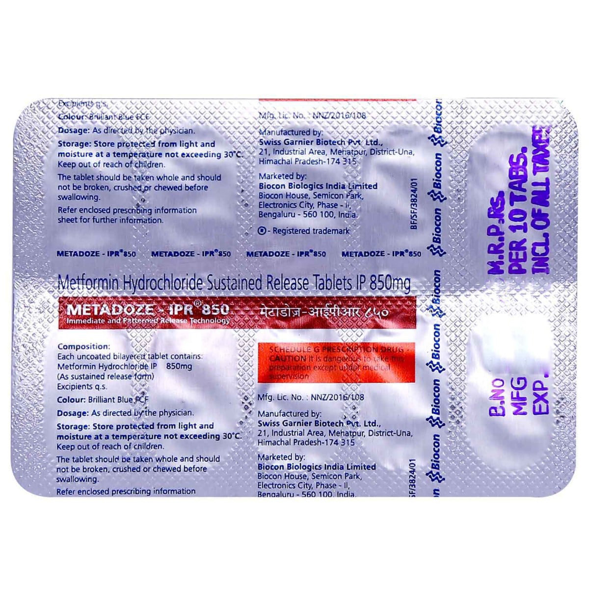 Metadoze-IPR 850 Tablet 10's, Pack of 10 TABLETS Metadoze-IPR 850 Tablet 10's, Pack of 10 TABLETS