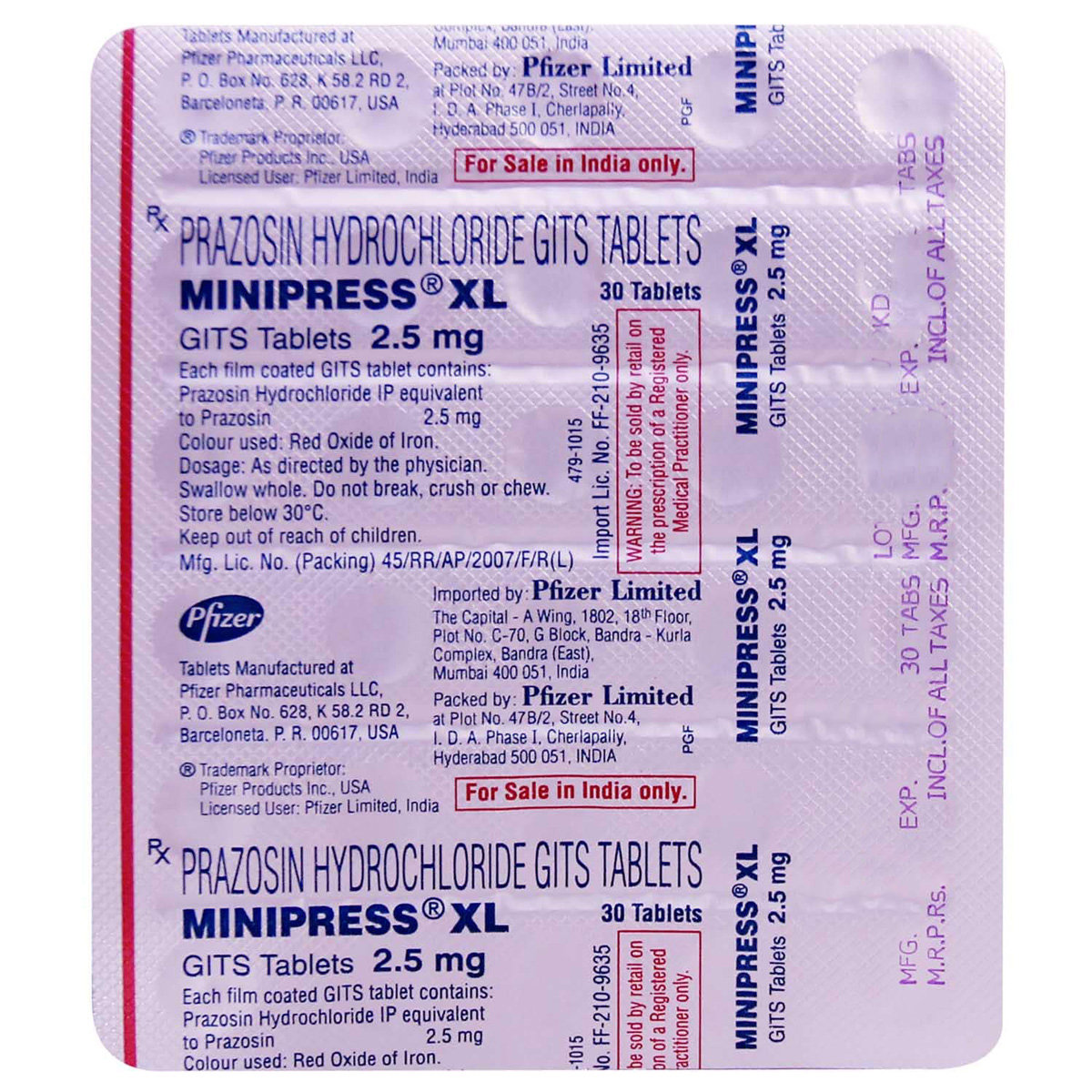 Minipress XL 2.5 30's, Pack of 30 TABLETS Minipress XL 2.5 30's, Pack of 30 TABLETS