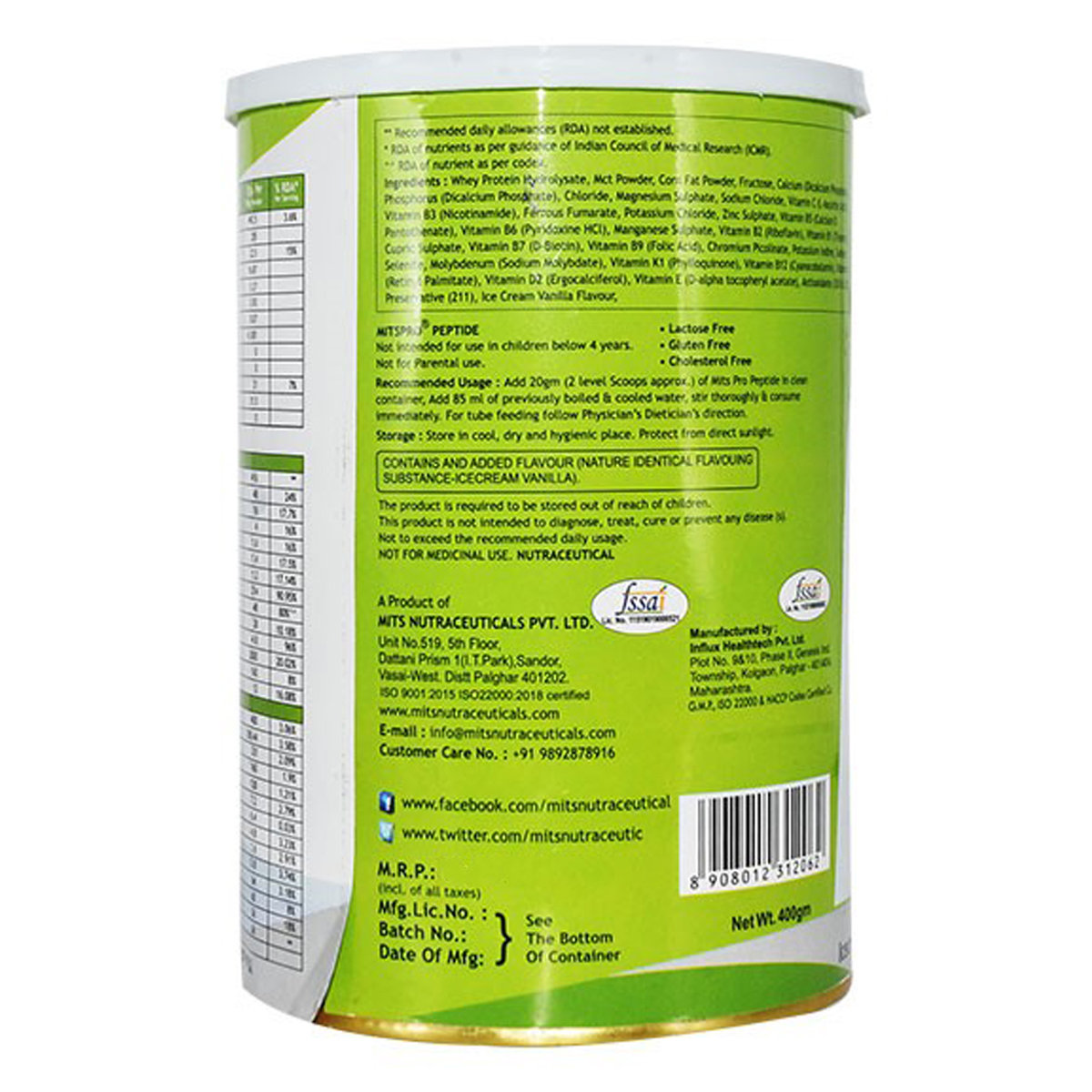 Mitspro Peptide Vanilla Powder 400 gm, Pack of 1 Mitspro Peptide Vanilla Powder 400 gm, Pack of 1